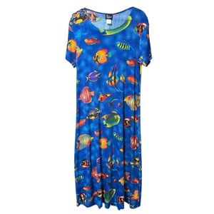 Vintage Royal Creations Hawaii Tropical Fish Maxi Dress Blue Small Made in USA